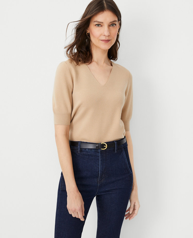 Petite V-Neck Puff Sleeve Sweater Tee