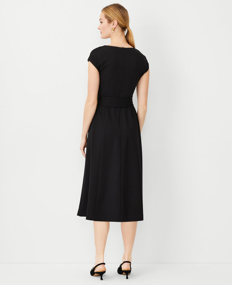 Ann Taylor Petite Cap Sleeve Tie Waist Midi Dress Size 0 Black Women's