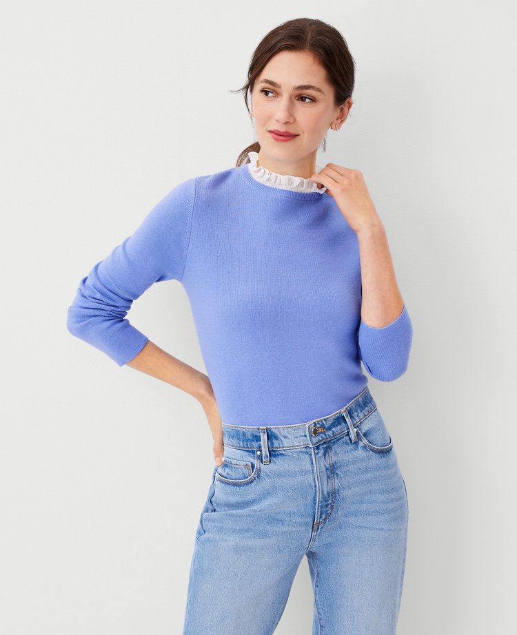 Petite Chiffon Ruffle Mixed Media Sweater