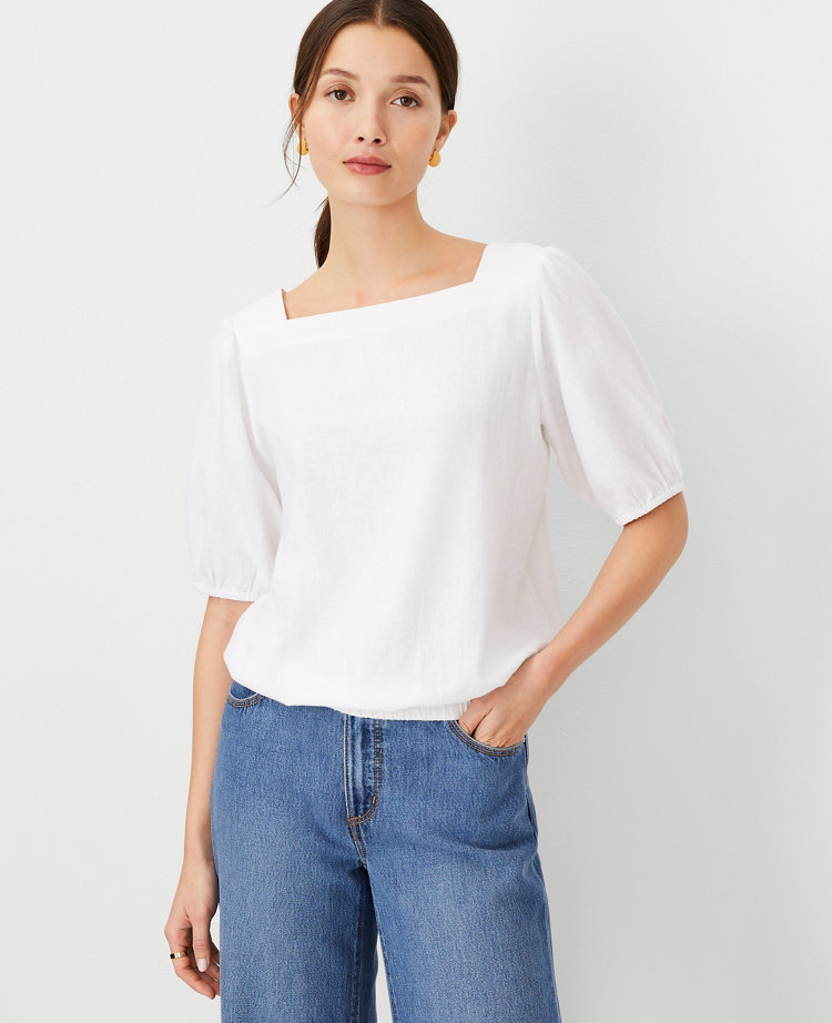 Ann Taylor Linen Blend Boatneck Cropped Top White Women's