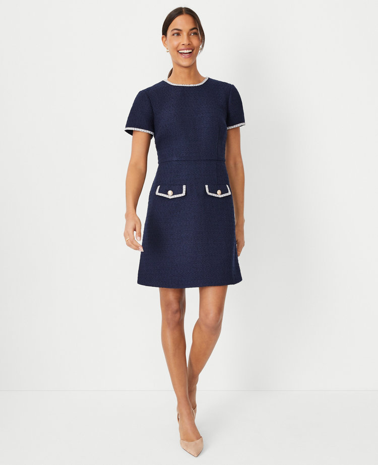 Ann Taylor Petite Tweed Flare Pocket Dress In Night Sky