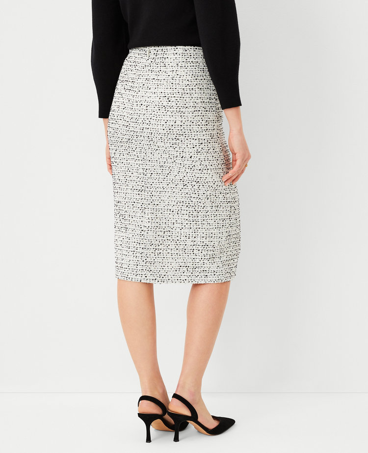 Tweed Front Slit Pencil Skirt - Black/White Multi