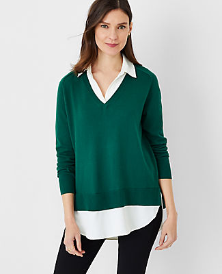 Ann Taylor Collared Mixed Media Sweater In Green/white Combo