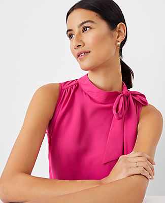 Ann Taylor Asymmetrical Tie Neck Mixed Media Shell Top In Hot Pink Poppy