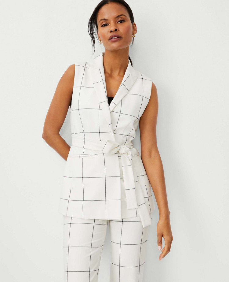 Windowpane Long Belted Vest