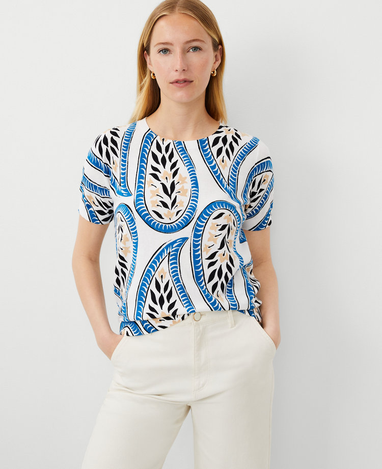 Ann Taylor Paisley Cotton T-Shirt White Women's