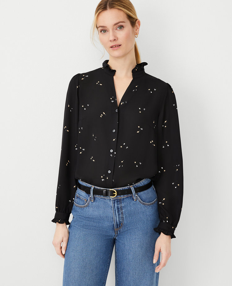 Ann Taylor Petaled Ruffle Button Top In Black