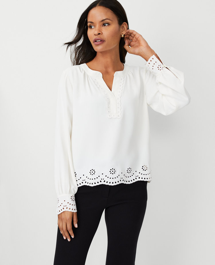 Women's White Long Sleeves Cozy Cotton V Neck Blouses Lace Design