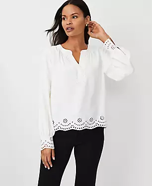 Embroidered Split Neck Popover carousel Product Image 1