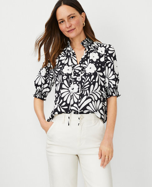 Floral Embroidered Smocked Tie Neck Top