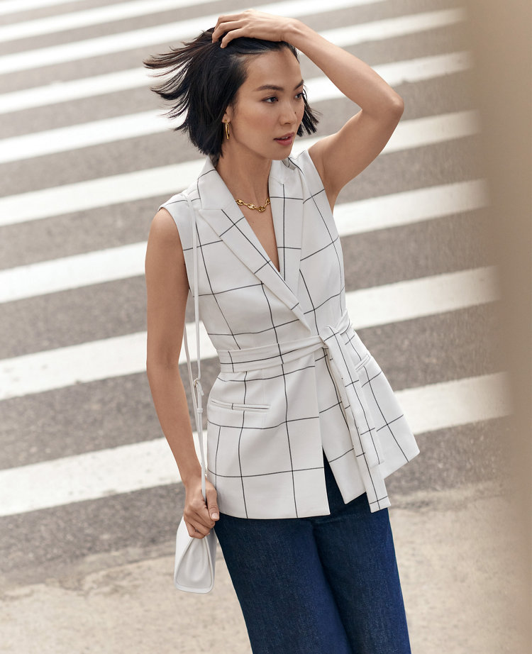 Petite Windowpane Long Belted Vest