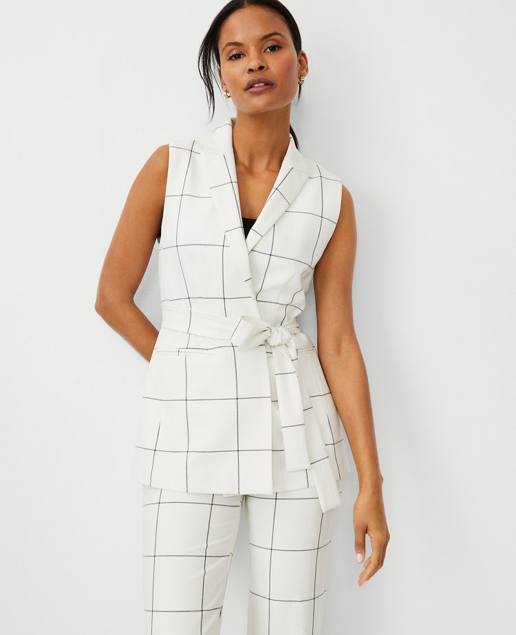 Petite Windowpane Long Belted Vest