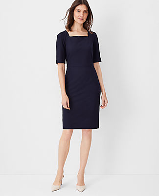 Ann Taylor The Elbow Sleeve Square Neck Dress In Seasonless Stretch - Curvy Fit In Deep Navy Sky