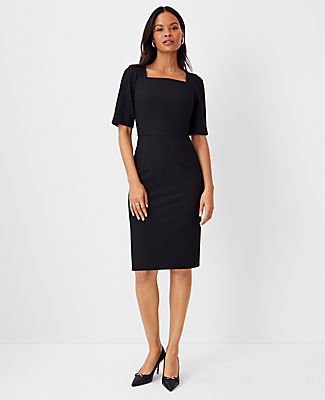 Ann Taylor The Elbow Sleeve Square Neck Dress In Seasonless Stretch - Curvy Fit In Core Black