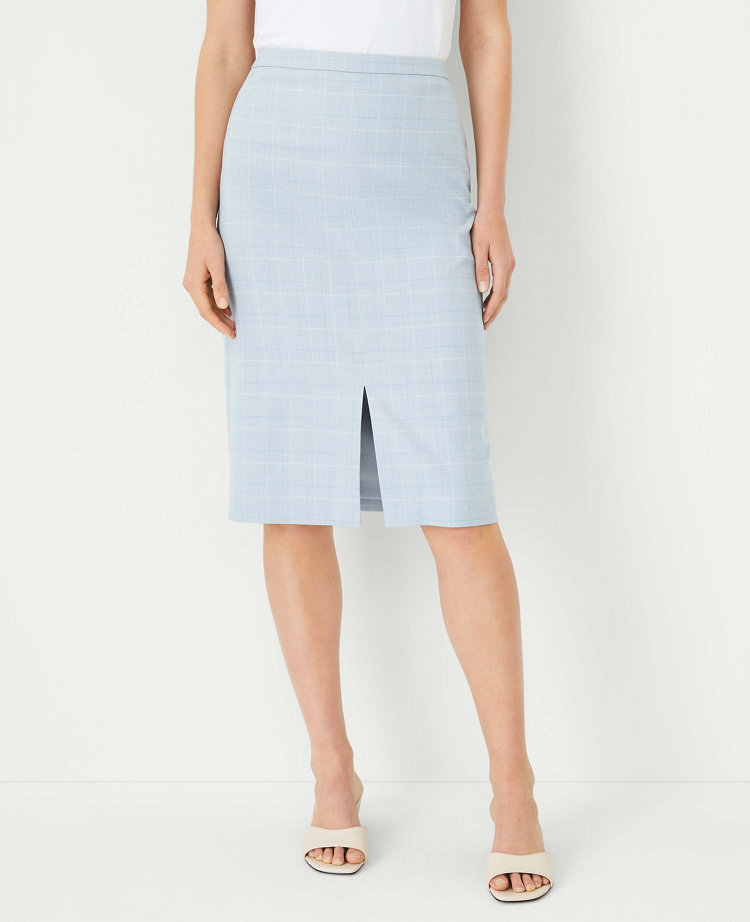 Ann Taylor The Petite Slit Front Pencil Skirt Windowpane Blue Multi Women's