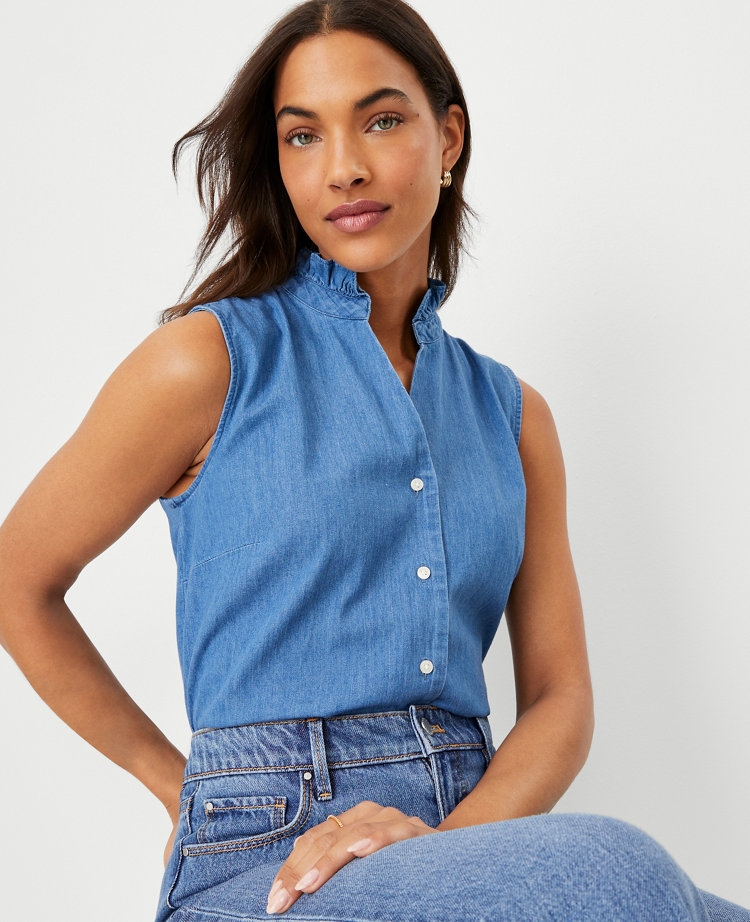 Chambray Ruffle Button Sleeveless Top