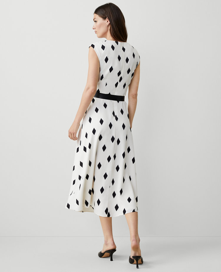 Ann Taylor Geo Boatneck Flare Midi Dress Winter White-Black Women's