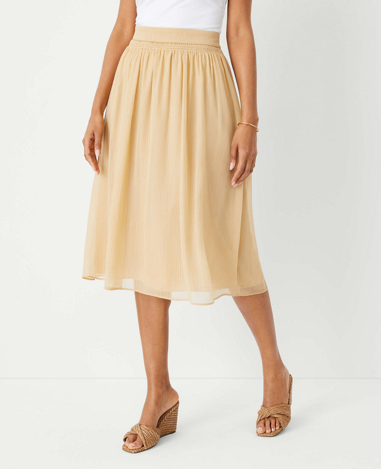 Petite Metallic Dobby Stripe Shirred Waist Midi Skirt