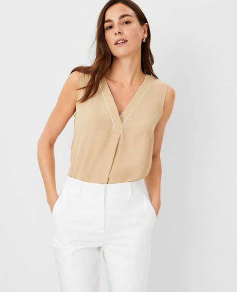 Ann Taylor Petite Tipped Mixed Media Pleat Front Top