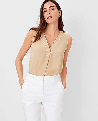 Ann Taylor Petite Tipped Mixed Media Pleat Front Top In Baguette
