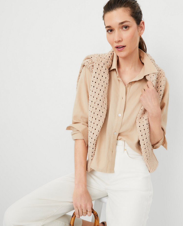 Ann Taylor AT Weekend Linen Blend Cropped Shirt Toasted Oat Women's