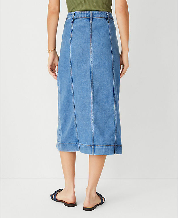 AT Weekend Denim Shank Front Boot Skirt in Luxe Medium Wash