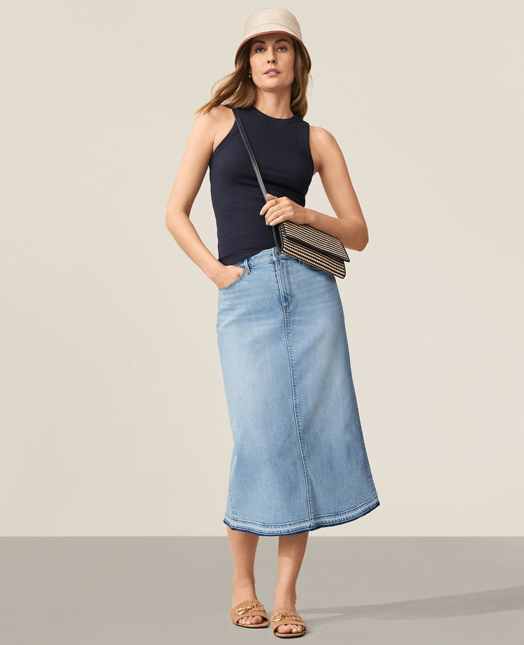 Ann Taylor AT Weekend Unpicked Hem Denim Skirt in Light Wash Indigo