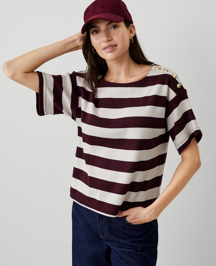 Ann Taylor AT Weekend Stripe Ribbed Shoulder Button Tee