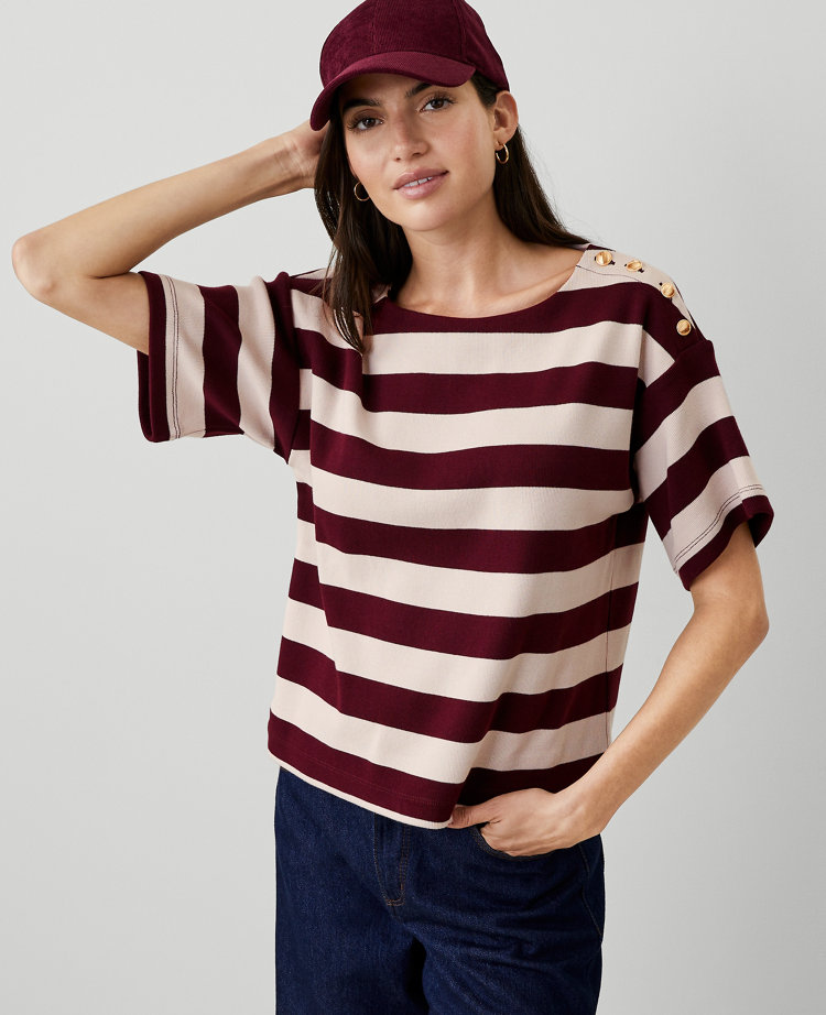 Ann Taylor AT Weekend Stripe Ribbed Shoulder Button Tee