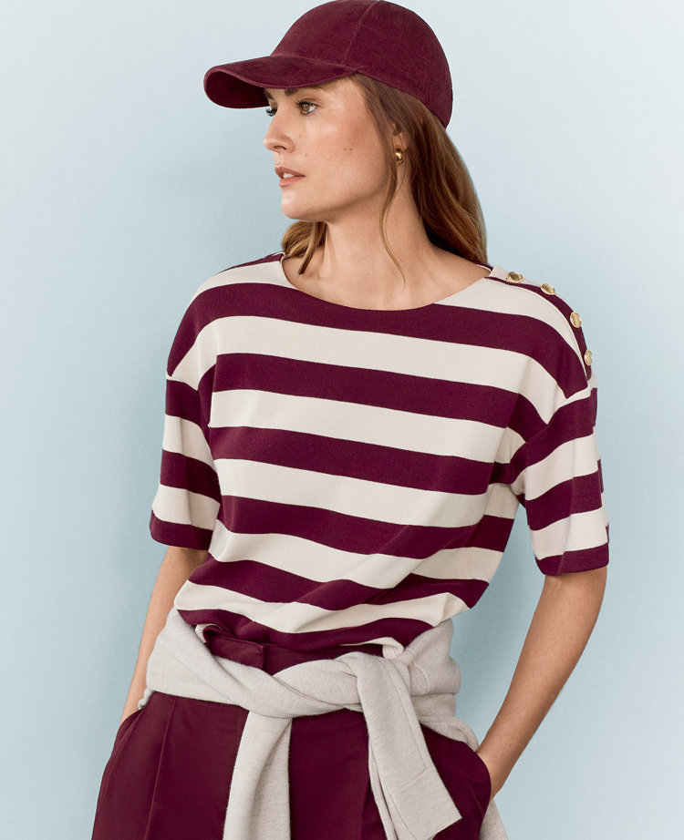 Ann Taylor AT Weekend Stripe Ribbed Shoulder Button T-Shirt Plum Rose Women's