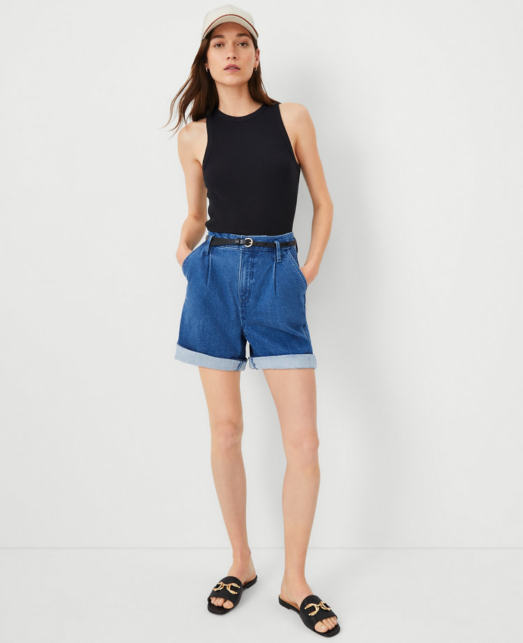 Petite AT Weekend Belted High Rise Denim Shorts in Bright Medium Stone Wash