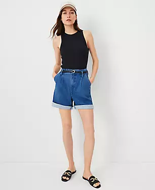 Petite AT Weekend Belted High Rise Denim Shorts in Bright Medium Stone Wash carousel Product Image 3