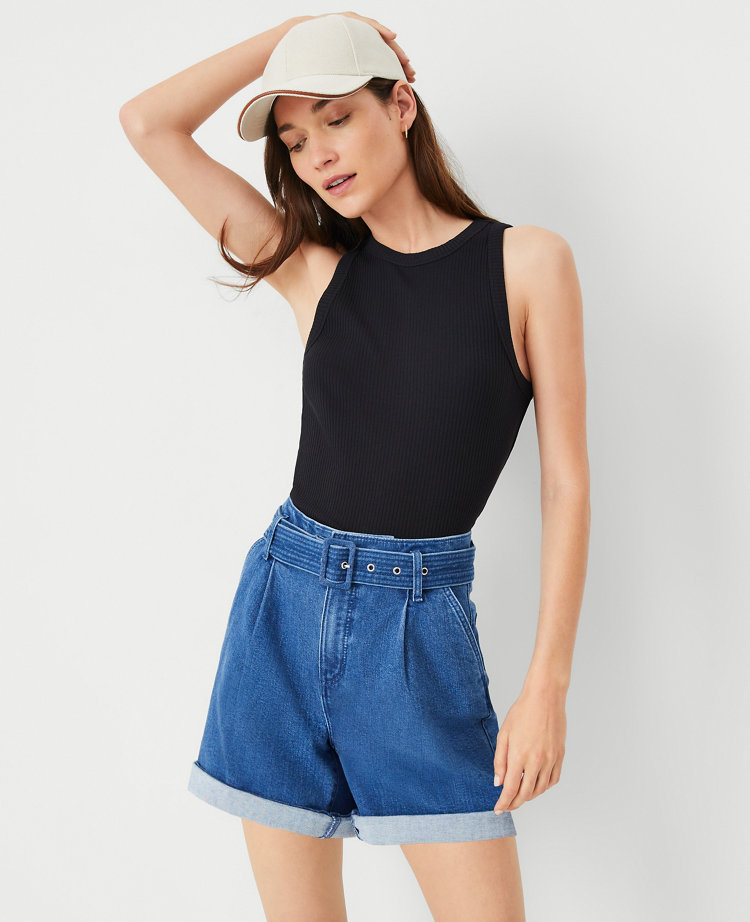 Petite AT Weekend Belted High Rise Denim Shorts in Bright Medium Stone Wash