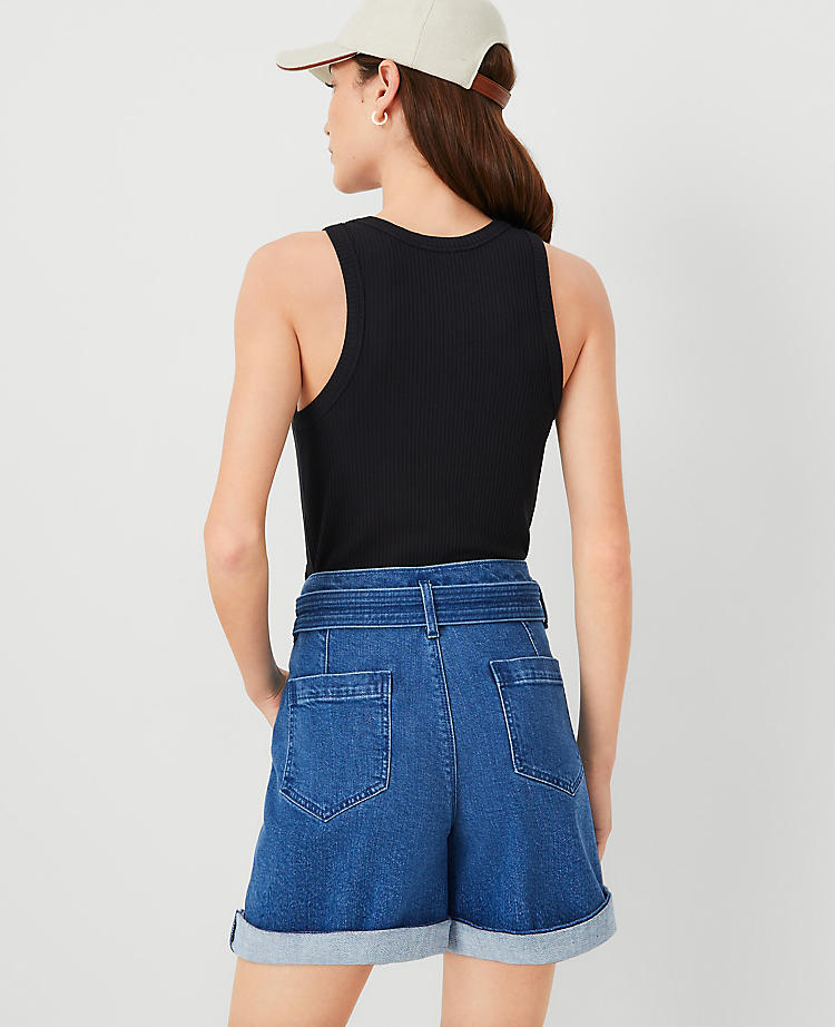Petite AT Weekend Belted High Rise Denim Shorts in Bright Medium Stone Wash