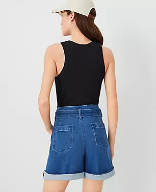 Petite AT Weekend Belted High Rise Denim Shorts in Bright Medium Stone Wash carousel Product Image 2