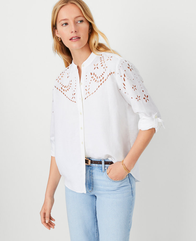 AT Weekend Eyelet Linen Blend Roll Tab Shirt