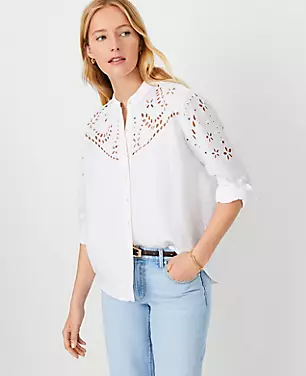 AT Weekend Eyelet Linen Blend Roll Tab Shirt carousel Product Image 1