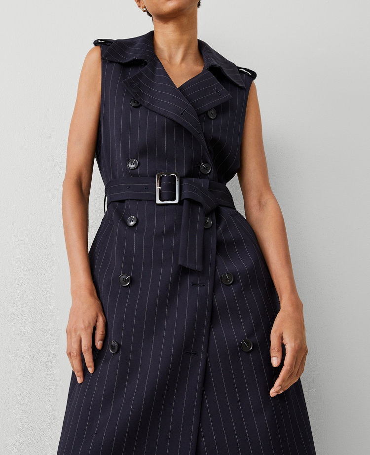 Ann Taylor Pinstripe Belted Trench Vest Navy/White Combo Women's
