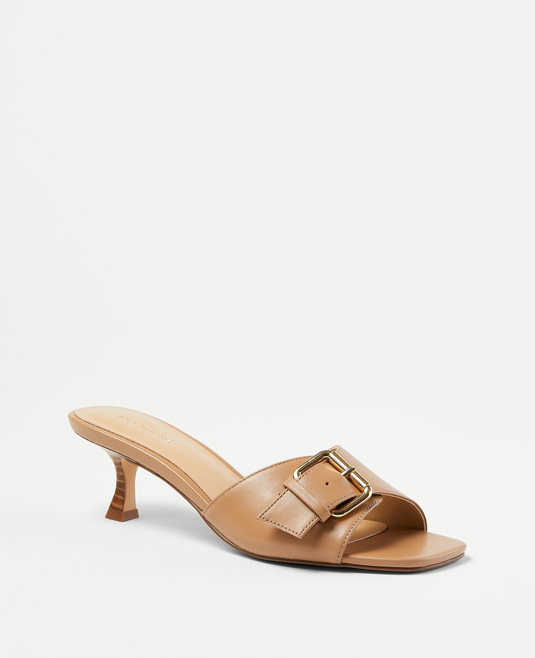 Ann Taylor Leather Buckle Strap Kitten Heel Sandals