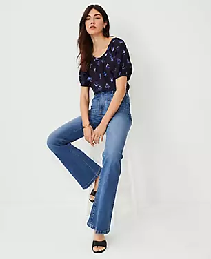 High Rise Patch Pocket Flare Jeans in Bright Medium Stone Wash carousel Product Image 2