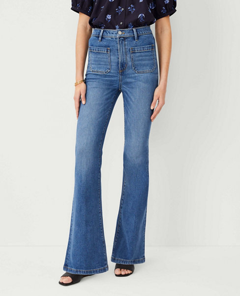 High Rise Patch Pocket Flare Jeans in Bright Medium Stone Wash