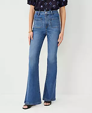 High Rise Patch Pocket Flare Jeans in Bright Medium Stone Wash carousel Product Image 3