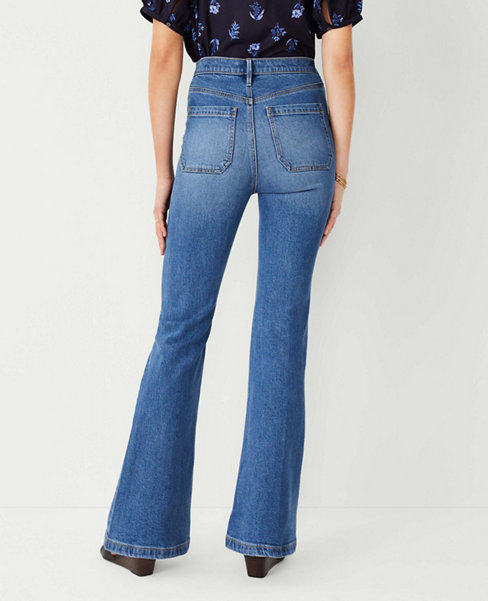 High Rise Patch Pocket Flare Jeans in Bright Medium Stone Wash