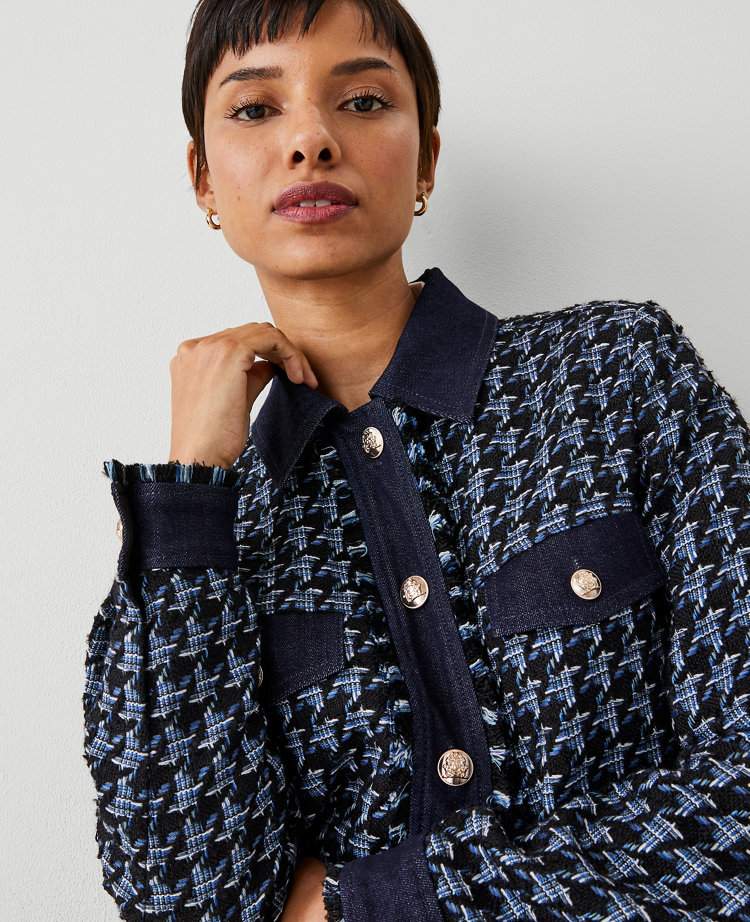 Houndstooth Fringe Tweed Denim Jacket