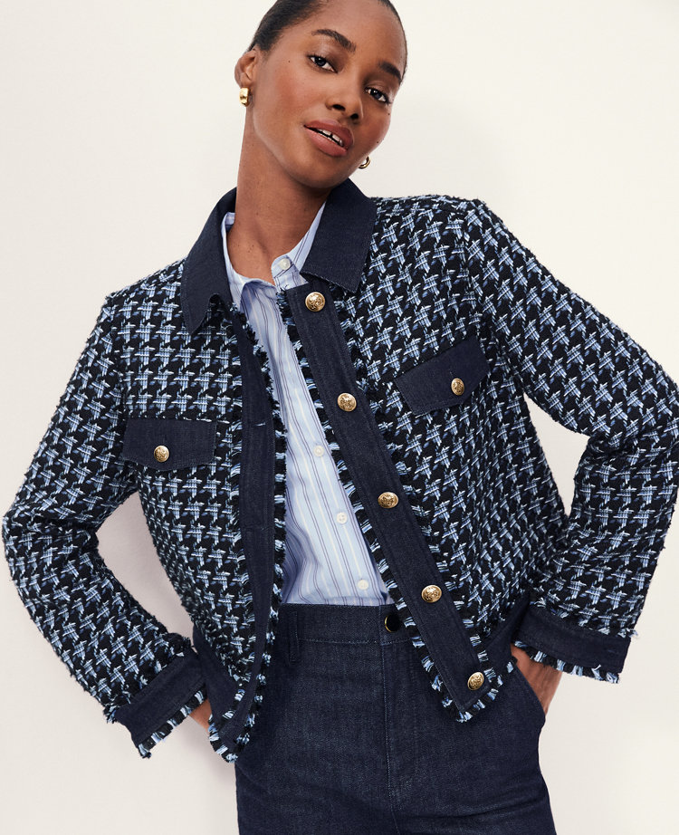 Houndstooth Fringe Tweed Denim Jacket