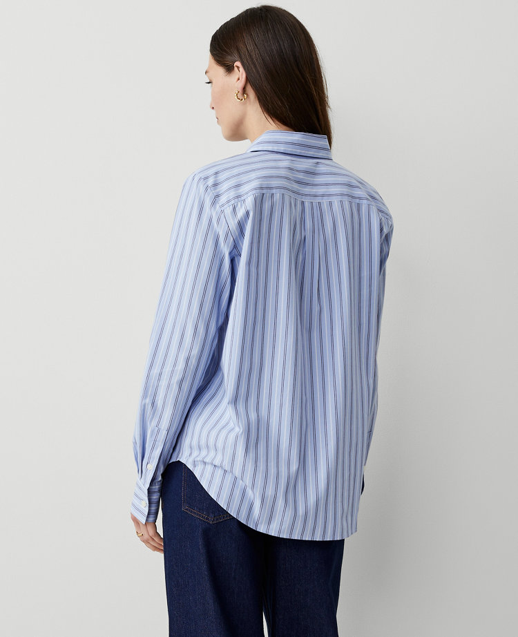 Ann Taylor Striped Cotton Perfect Shirt Bluebell Frost Women's