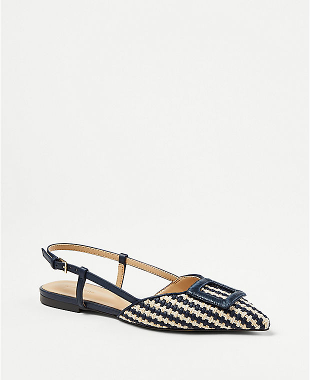 Woven Leather Covered Buckle Slingback Flats