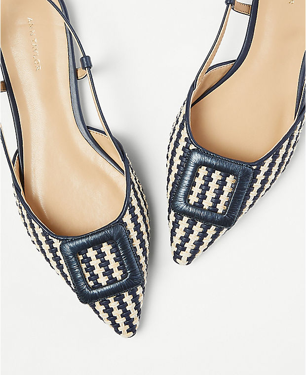 Woven Leather Covered Buckle Slingback Flats