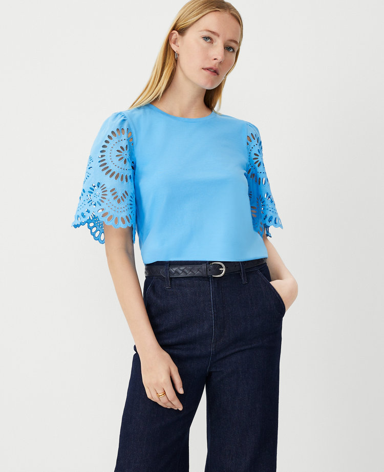 Petite Eyelet Sleeve Pima Cotton Tee