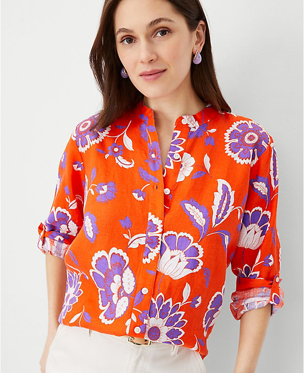 Floral Linen Relaxed Roll Tab Perfect Shirt